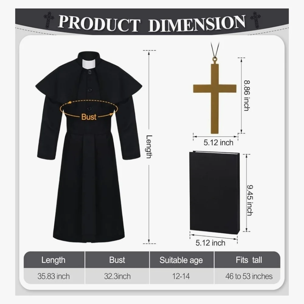 Children's Black Priest Costume with Gold Cross